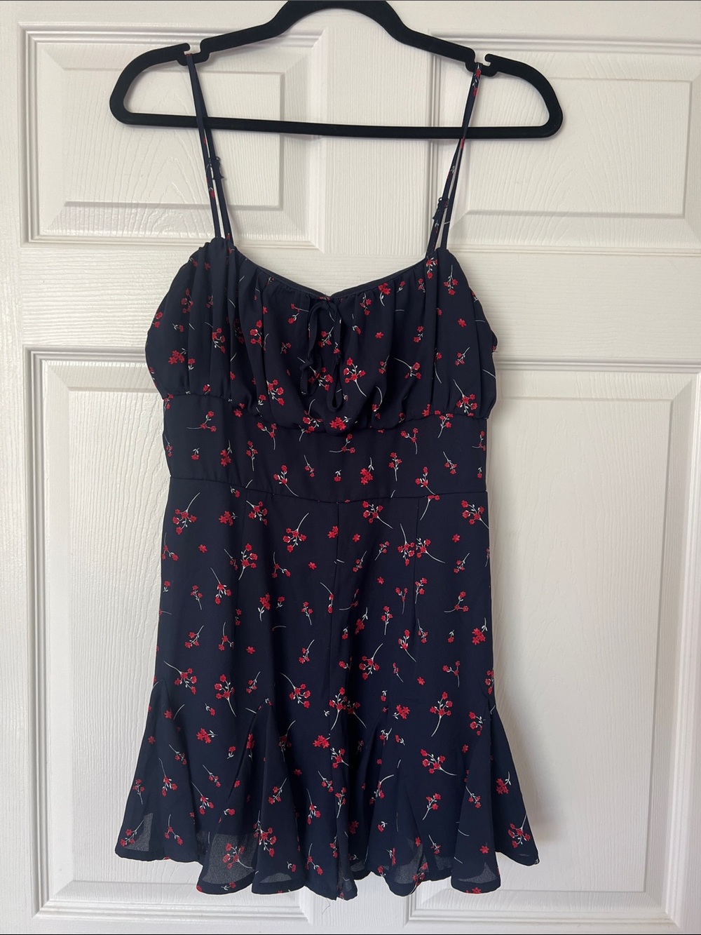 Blue Rain Navy Romper with Red Floral Print